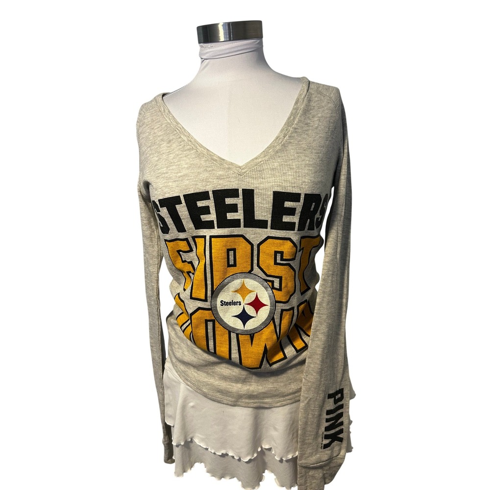 Victoria's Secret PINK NFL Pittsburgh Steelers Thermal V-Neck Top Gray Medium
